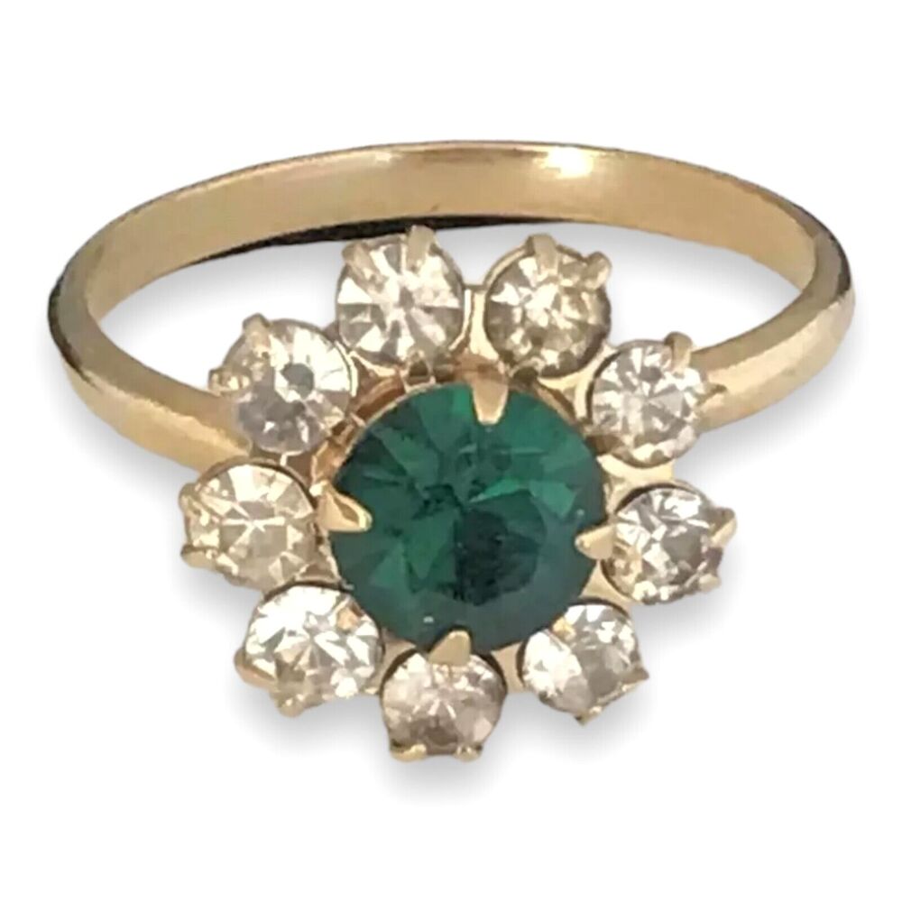 Vintage 1960s Floral Ring Gold Tone Rhinestone Crystals Mid Century - 4X